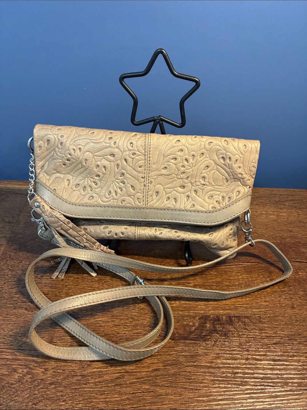 Leather - Made in Italy - Neutral Embossed Leather Crossbody Bag